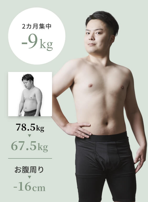 20代男性: 78.5kgから67.5kgまで減量し、お腹周りも-16cm